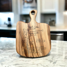 Load image into Gallery viewer, Custom handmade charcuterie boards engraved with your recipe, handwriting, or drawing
