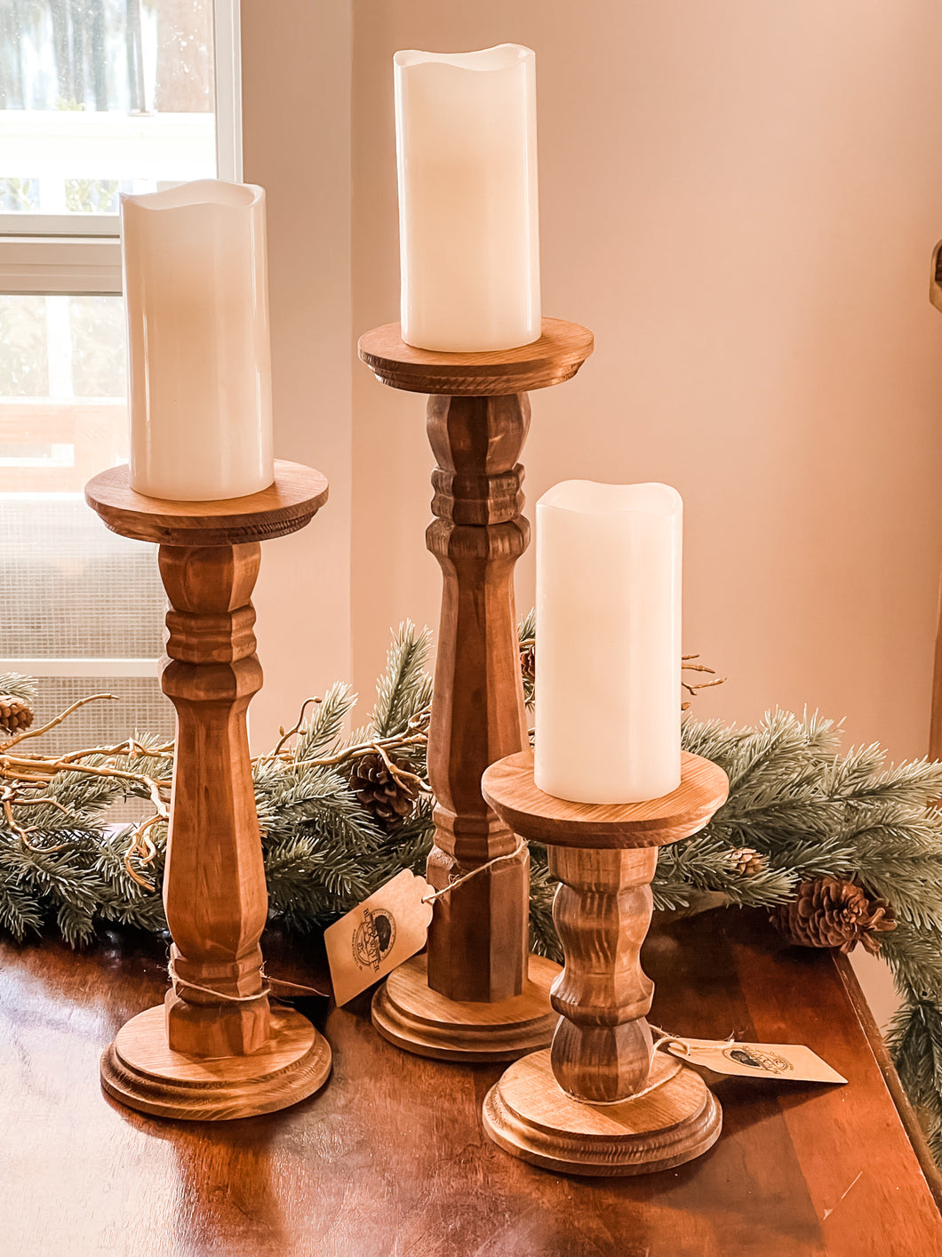 Large Stained Wood Pillar Candle Holder