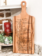 Load image into Gallery viewer, Custom handmade charcuterie boards engraved with your recipe, handwriting, or drawing
