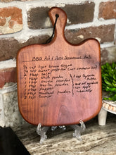 Load image into Gallery viewer, Custom handmade charcuterie boards engraved with your recipe, handwriting, or drawing
